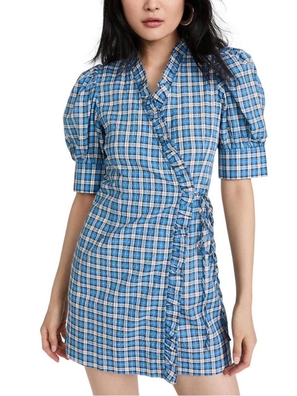 Ganni Blue Plaid Wrap Mini Dress
